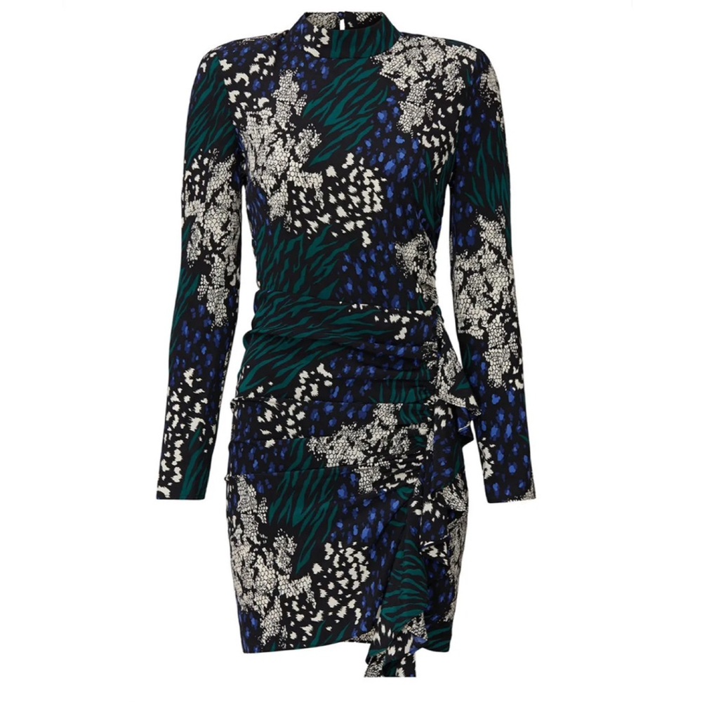 Long Sleeve Black & Green Printed Ruched Dress